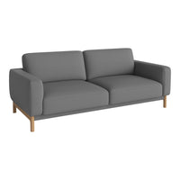 Gray sofa with smooth fabric and modern wooden legs, featuring a minimalist design and clean lines.