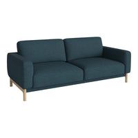 Teal fabric sofa with a smooth texture and minimalist design, featuring light wooden legs for a modern look.