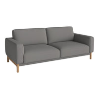 Modern grey sofa with smooth fabric and clean lines, featuring minimalistic design and light wooden legs.