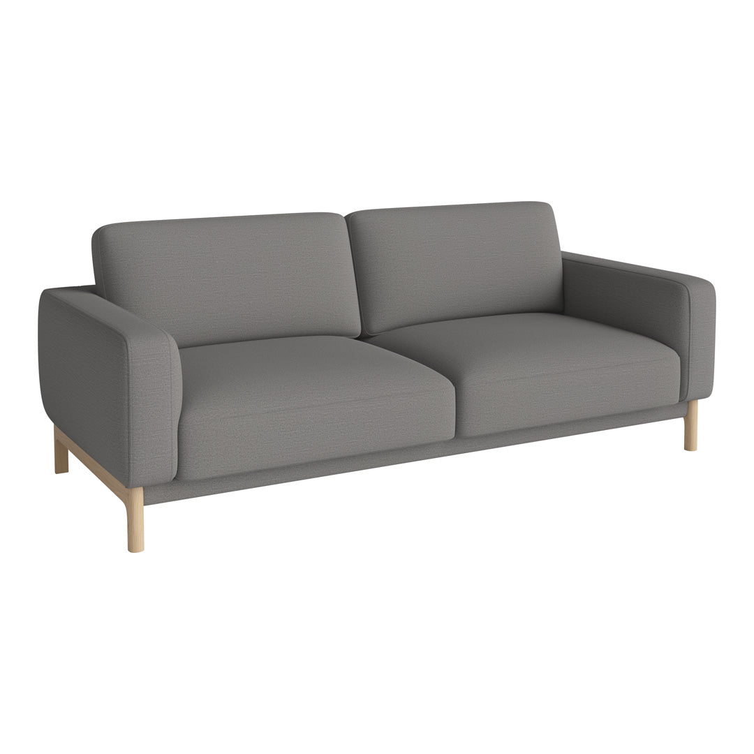 Modern gray sofa with clean lines and minimalist design, featuring a solid wood base. Perfect for contemporary decor.