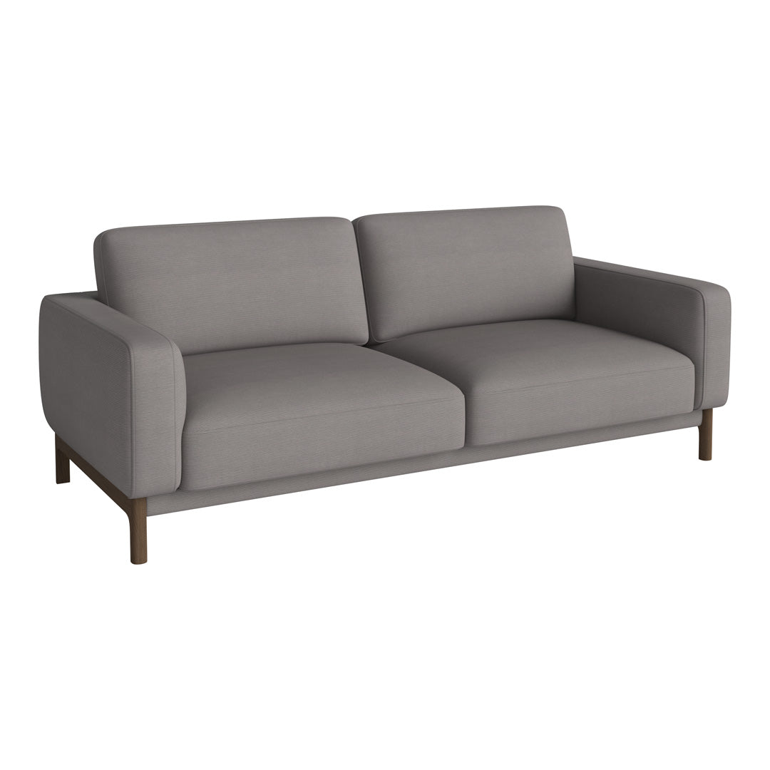 Modern gray sofa with clean lines and simple design, featuring solid wood legs and a minimalist aesthetic.