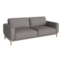 Gray upholstered sofa with smooth texture and minimalist design, featuring light wooden legs.