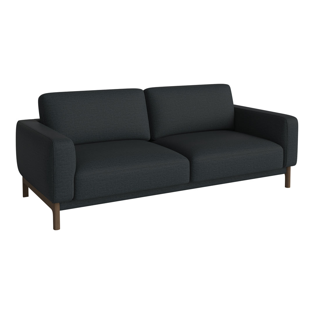 Modern dark gray sofa with simple lines and smooth fabric, paired with understated wooden legs for a sleek look.