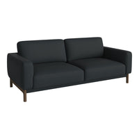 Modern dark gray sofa with simple lines and smooth fabric, paired with understated wooden legs for a sleek look.