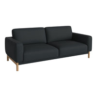 "Modern black fabric sofa with clean lines and natural wood legs, perfect for minimalist decor."