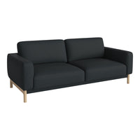 Sleek black two-seater sofa with simple, modern lines and natural wooden legs.