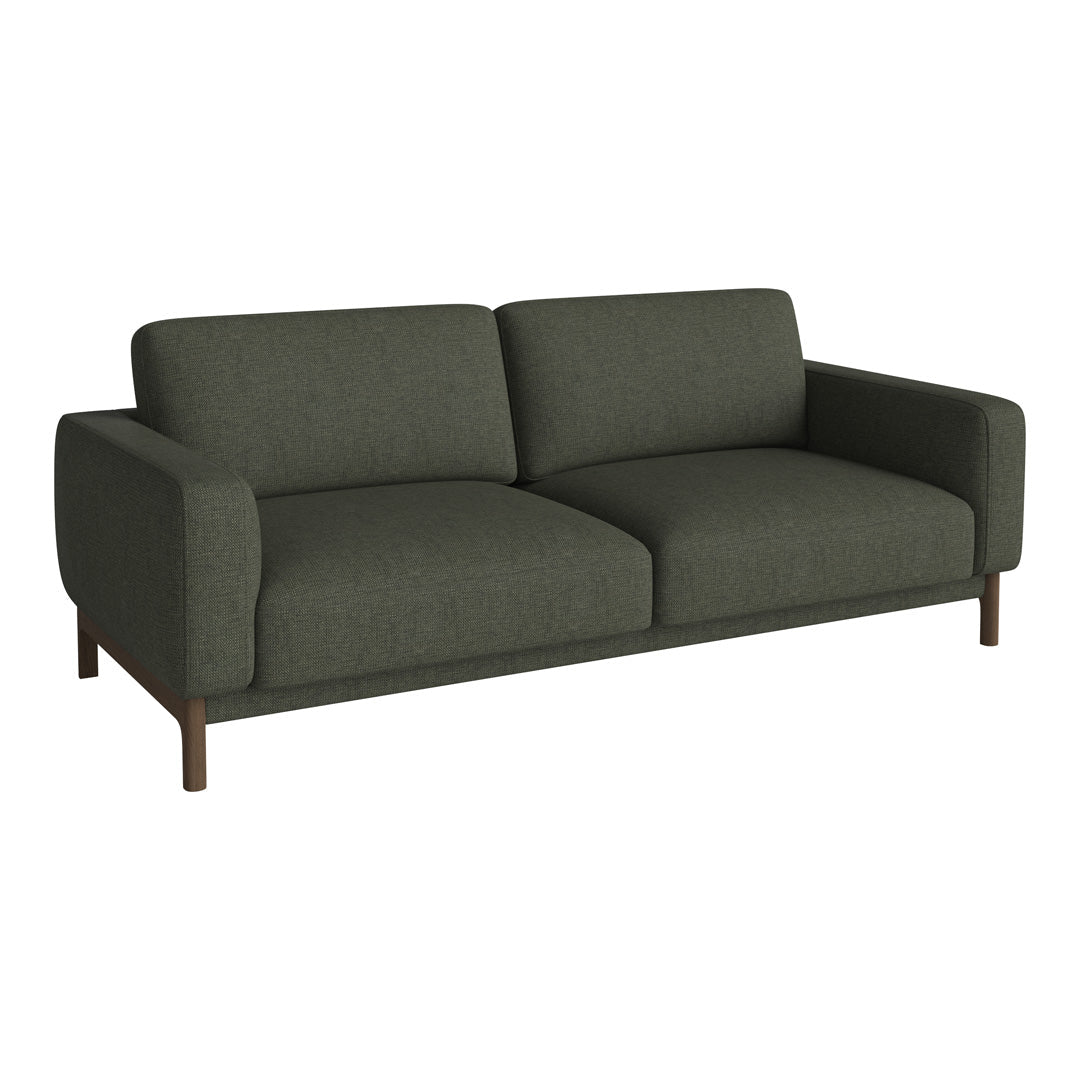 Green upholstered sofa with minimalist design and clean lines, featuring solid wood legs for a modern touch.