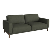Green upholstered sofa with minimalist design and clean lines, featuring solid wood legs for a modern touch.