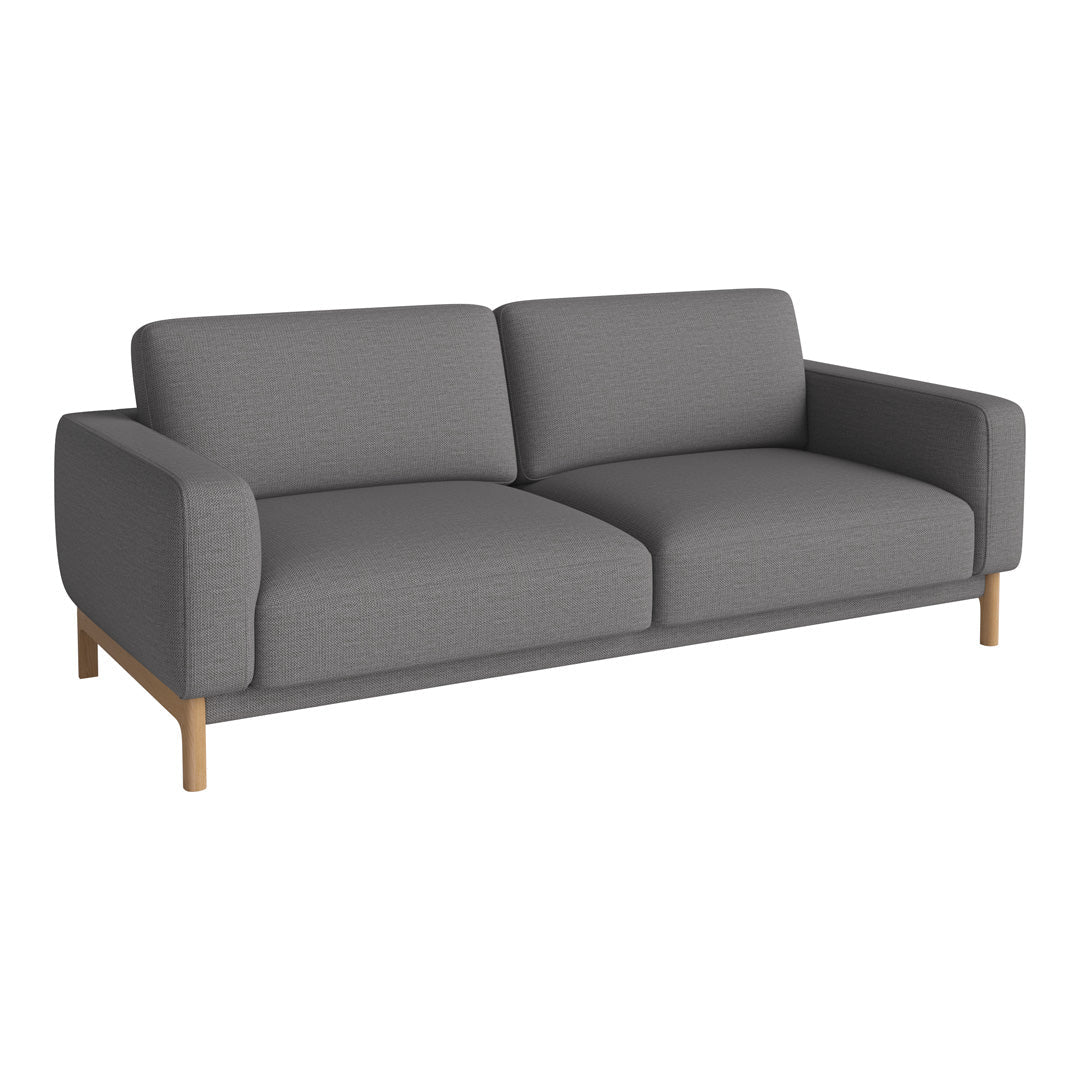 Gray upholstered sofa with sleek lines and wood legs, featuring a modern minimalist design. Perfect for contemporary decor.