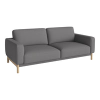 Modern gray sofa with a sleek design, featuring smooth upholstery and light wooden legs for a minimalist look.