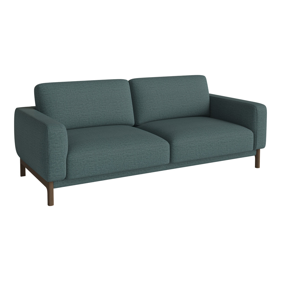 Teal upholstery sofa with a textured pattern and wooden legs, ideal for modern living spaces.