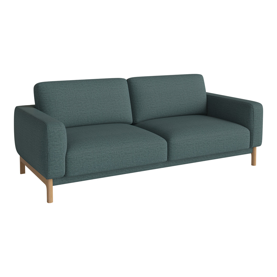 Teal fabric sofa with a textured pattern and wooden legs, perfect for modern living spaces.