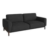 Stylish dark gray fabric sofa with a minimalist design and subtle texture, featuring a clean wooden base.
