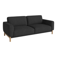 Elegant charcoal gray fabric sofa with clean lines and natural wood legs, perfect for modern living spaces.