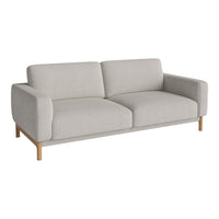 Light gray sofa with smooth fabric and minimalist design, featuring natural wood legs for a modern touch.