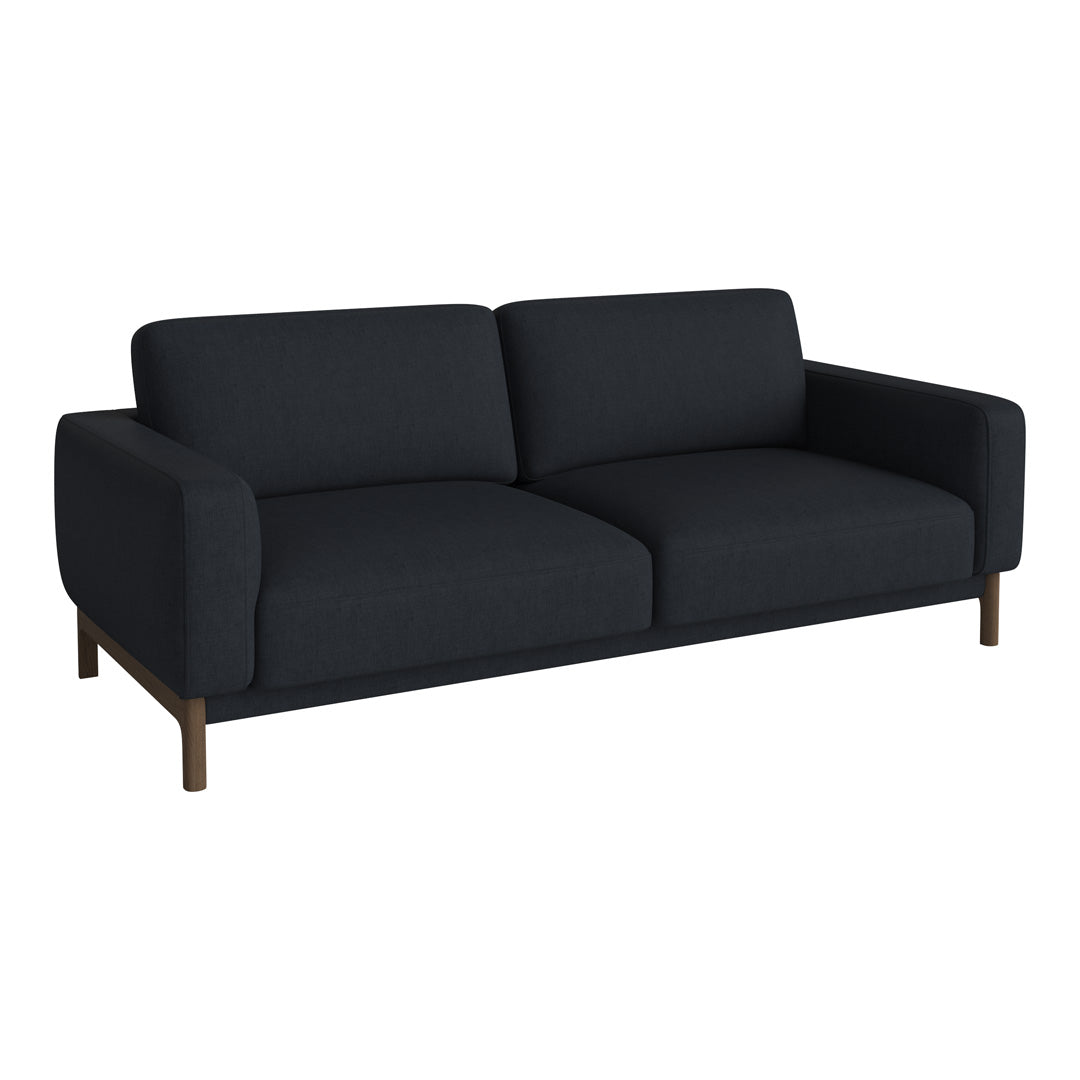 Elegant dark gray sofa with a textured fabric and minimalist design, featuring wooden legs for a modern look.