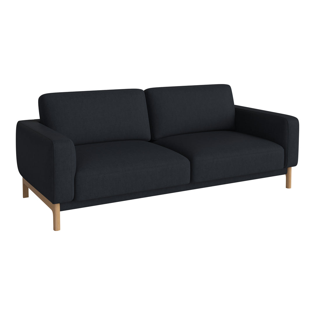 Modern black fabric sofa with clean lines and minimalist design, featuring natural wood legs for a stylish contrast.