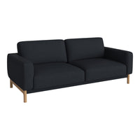 Modern black fabric sofa with clean lines and minimalist design, featuring natural wood legs for a stylish contrast.
