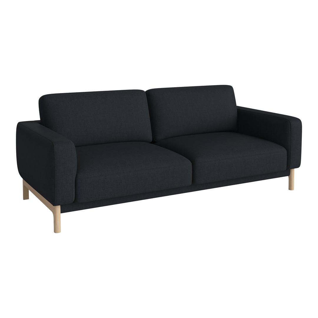 Stylish dark gray upholstered sofa with clean lines and a minimalist design, featuring light wood legs.