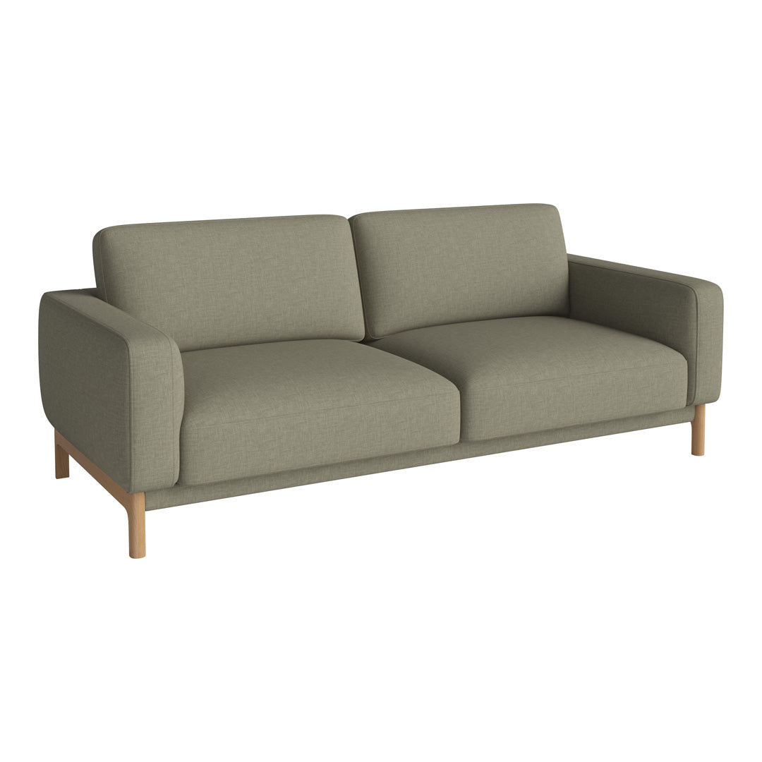 Gray-green fabric sofa with a clean, modern design and light wood legs, perfect for any contemporary space.