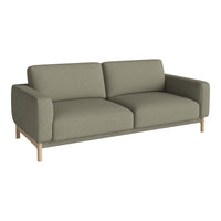 Modern olive green sofa with smooth fabric upholstery and light wooden legs, featuring a minimalist design.