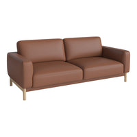 Brown leather sofa with a smooth texture and minimalist design, featuring light wooden legs for a modern touch.