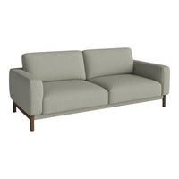 Light gray fabric sofa with smooth texture and minimalist design. Complemented by a simple wooden base.