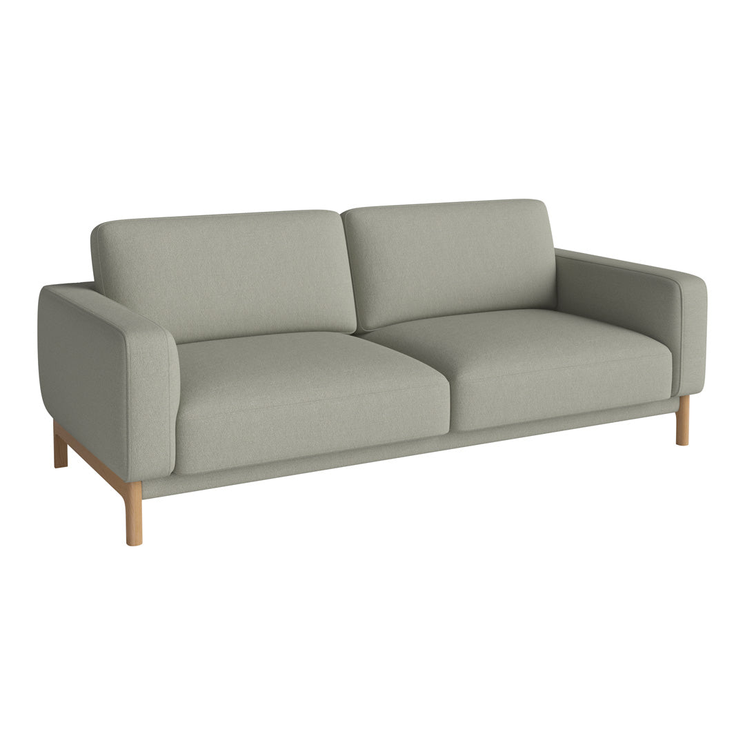 Light gray fabric sofa with simple, modern design and wooden legs. Minimalist style for any living space.