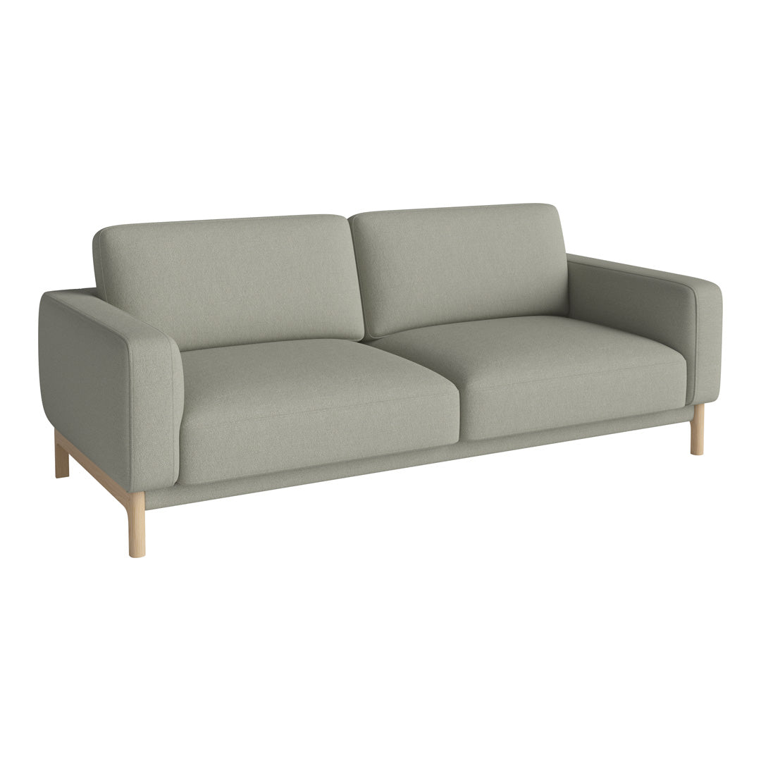 Light gray fabric sofa with minimalist design and natural wooden legs, featuring solid color and clean lines.