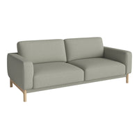 Light gray fabric sofa with minimalist design and natural wooden legs, featuring solid color and clean lines.