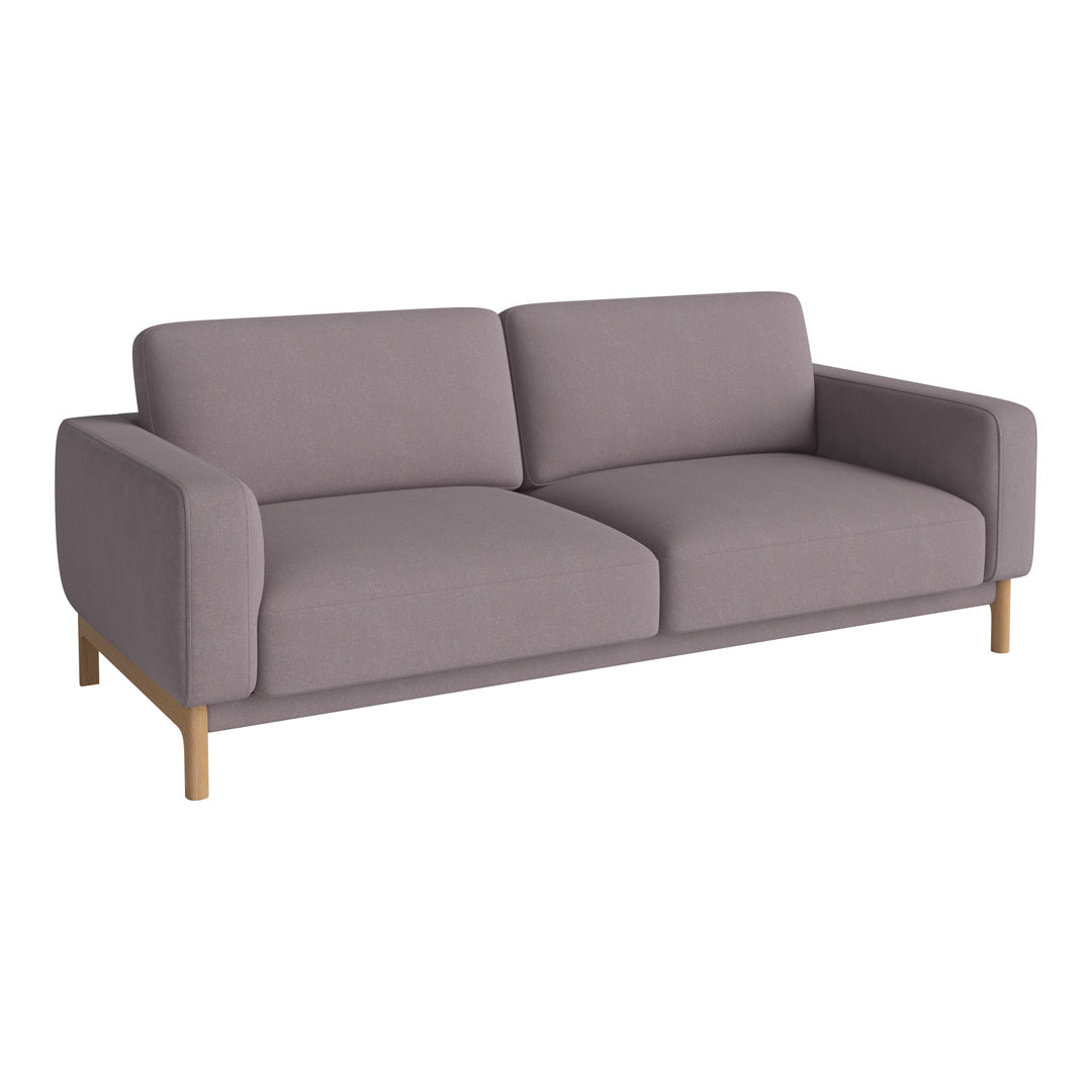 Gray fabric sofa with smooth upholstery and clean lines, featuring a natural wood base. Modern minimalist design.