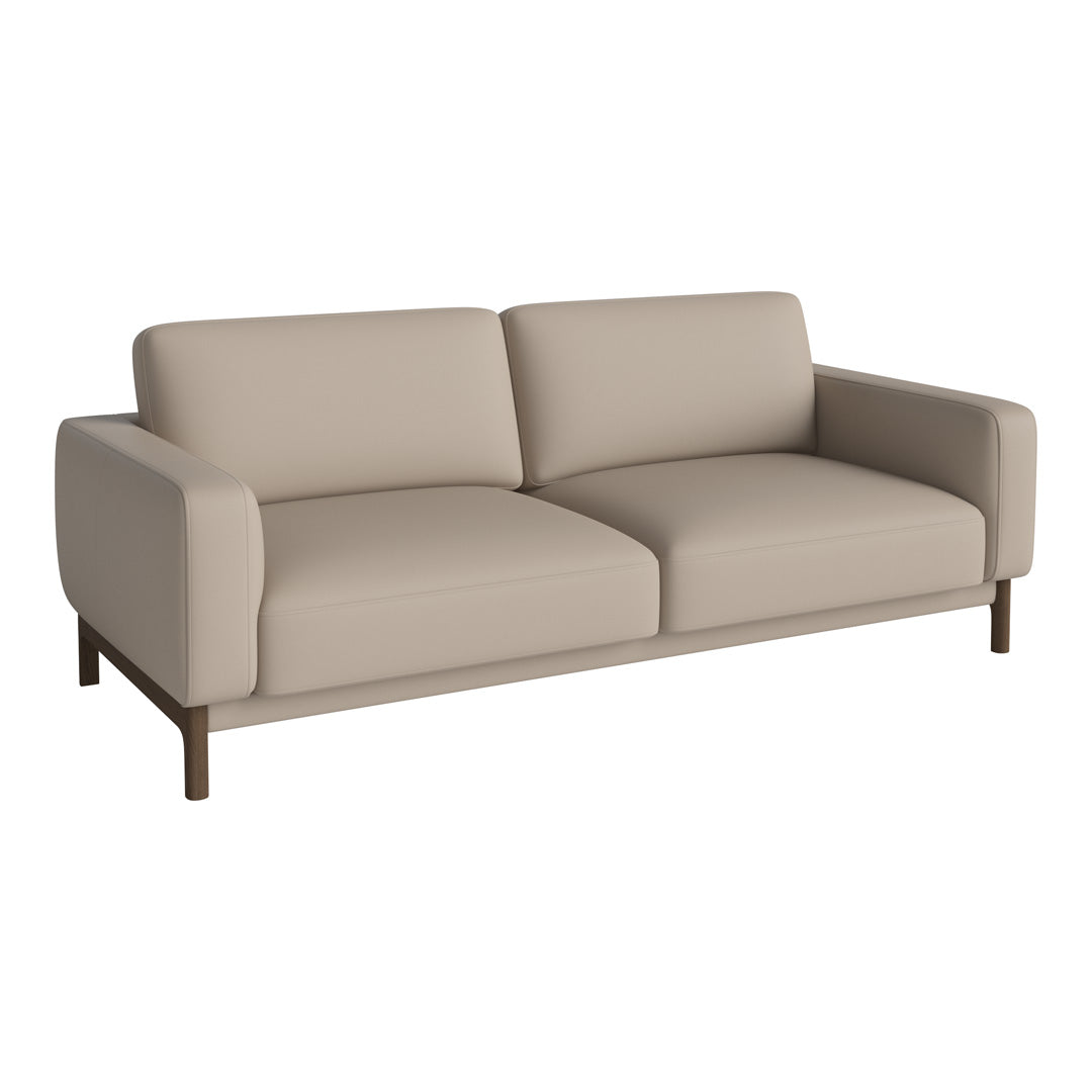 Beige modern sofa with smooth upholstery and minimalist design, featuring solid wooden legs. Ideal for contemporary decor.