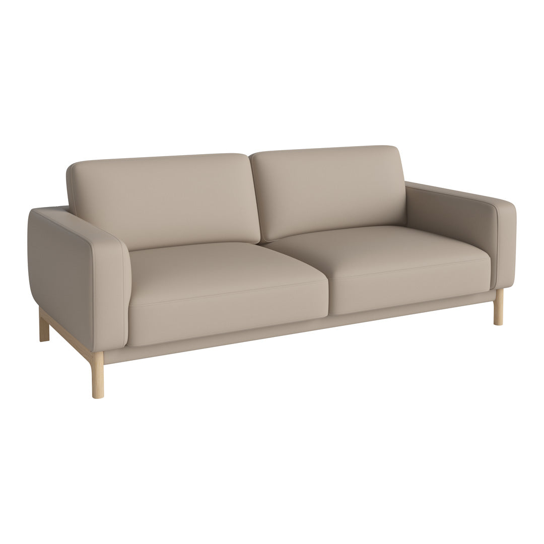 Beige modern couch with minimalist design and light wooden legs, featuring smooth upholstery and simple lines.