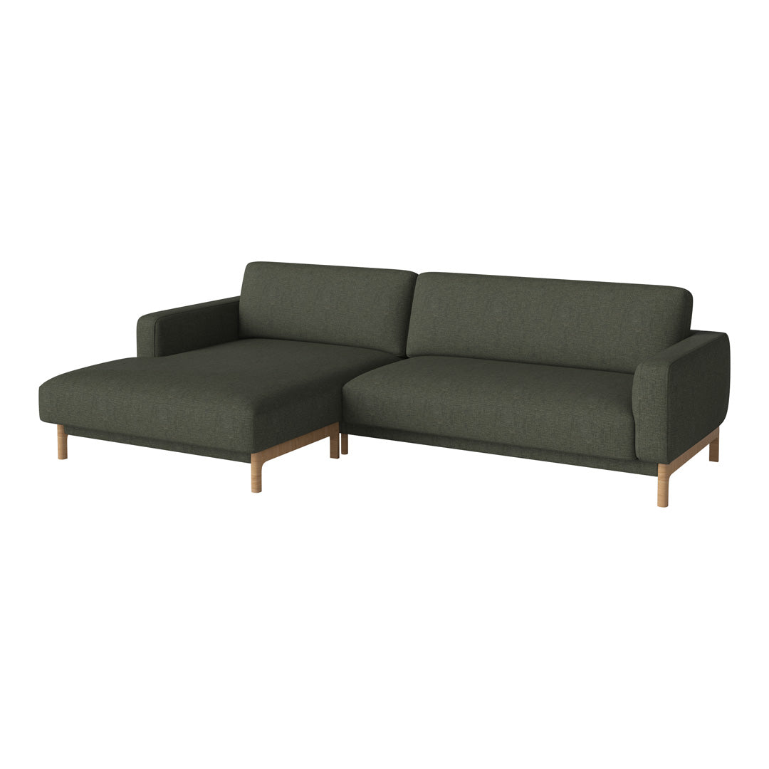 Dark green fabric sofa with a modern design and clean lines, featuring a contrasting light wood base.