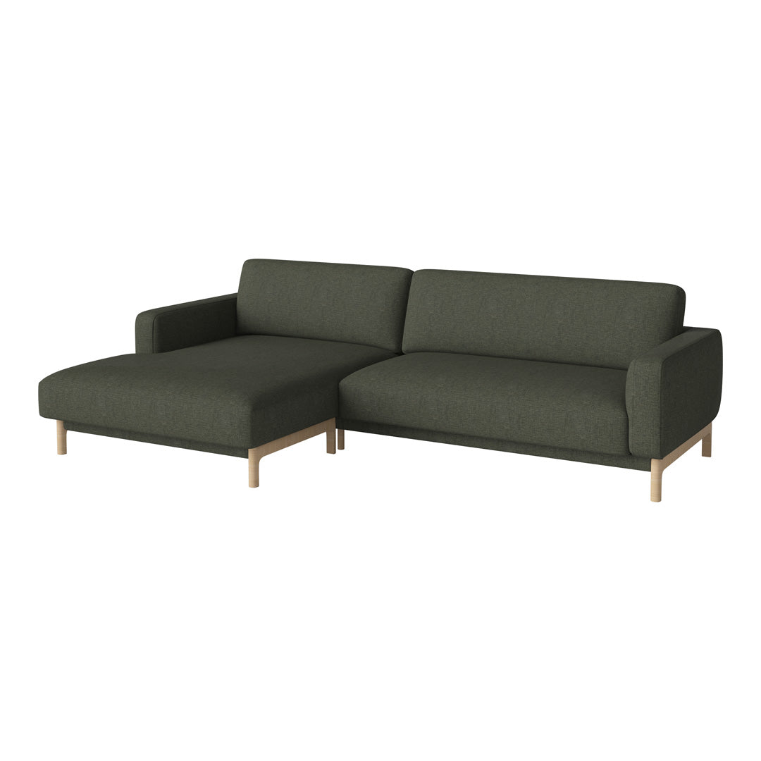 Dark green sofa with a modern design, featuring a sleek single color pattern and wooden legs for a minimalist look.
