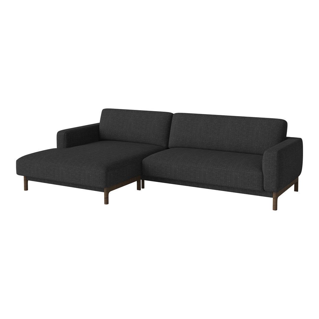 Modern grey sectional sofa with a clean design and subtle texture, featuring dark wooden legs for added contrast.