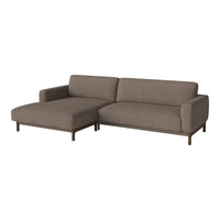 Brown fabric sectional sofa with a sleek, modern design, featuring subtle texture and minimalist style.