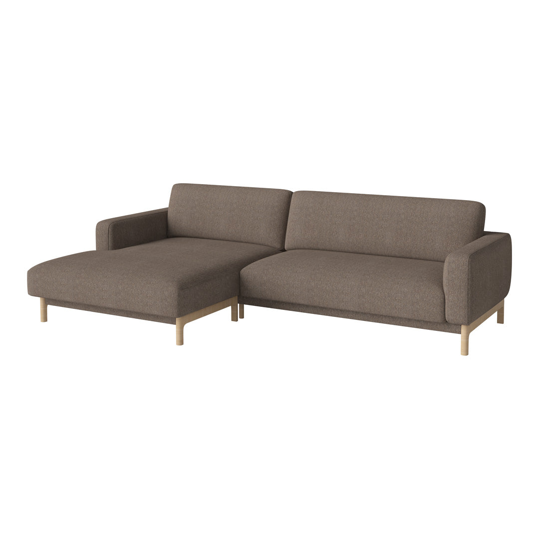 Brown upholstered sectional sofa with a minimalist design and light wooden legs, perfect for modern living spaces.