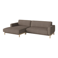 Brown upholstered sectional sofa with a minimalist design and light wooden legs, perfect for modern living spaces.