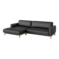 Modern black leather sectional sofa with sleek wood legs and minimalist design. Perfect for contemporary living spaces.