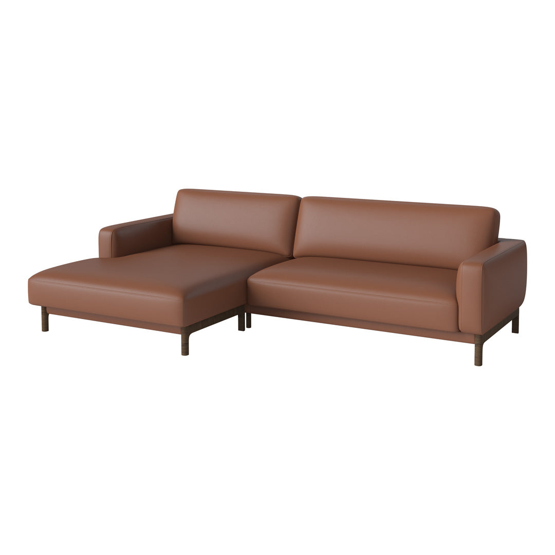 Modern brown leather sectional sofa with clean lines and minimalistic design. Perfect for contemporary living spaces.
