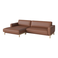 Brown leather sectional sofa with a modern, minimalist design and light wooden legs. Perfect for contemporary decor.
