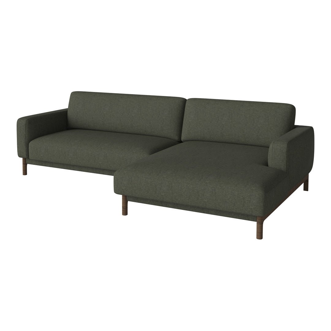 Olive green modern sectional sofa with smooth fabric and wooden legs. Minimalist design perfect for contemporary interiors.