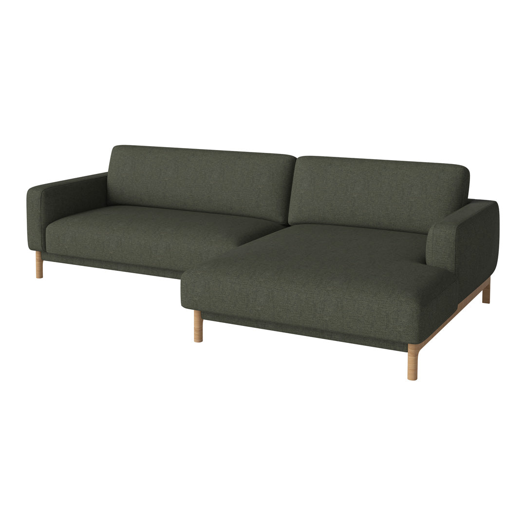 Dark green fabric sofa with clean lines and wooden legs, featuring a modern, minimalistic design.