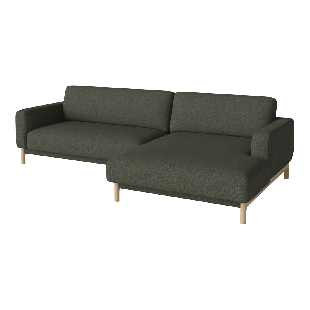 Dark green fabric sofa with minimalist design and light wooden legs, featuring solid color without patterns.
