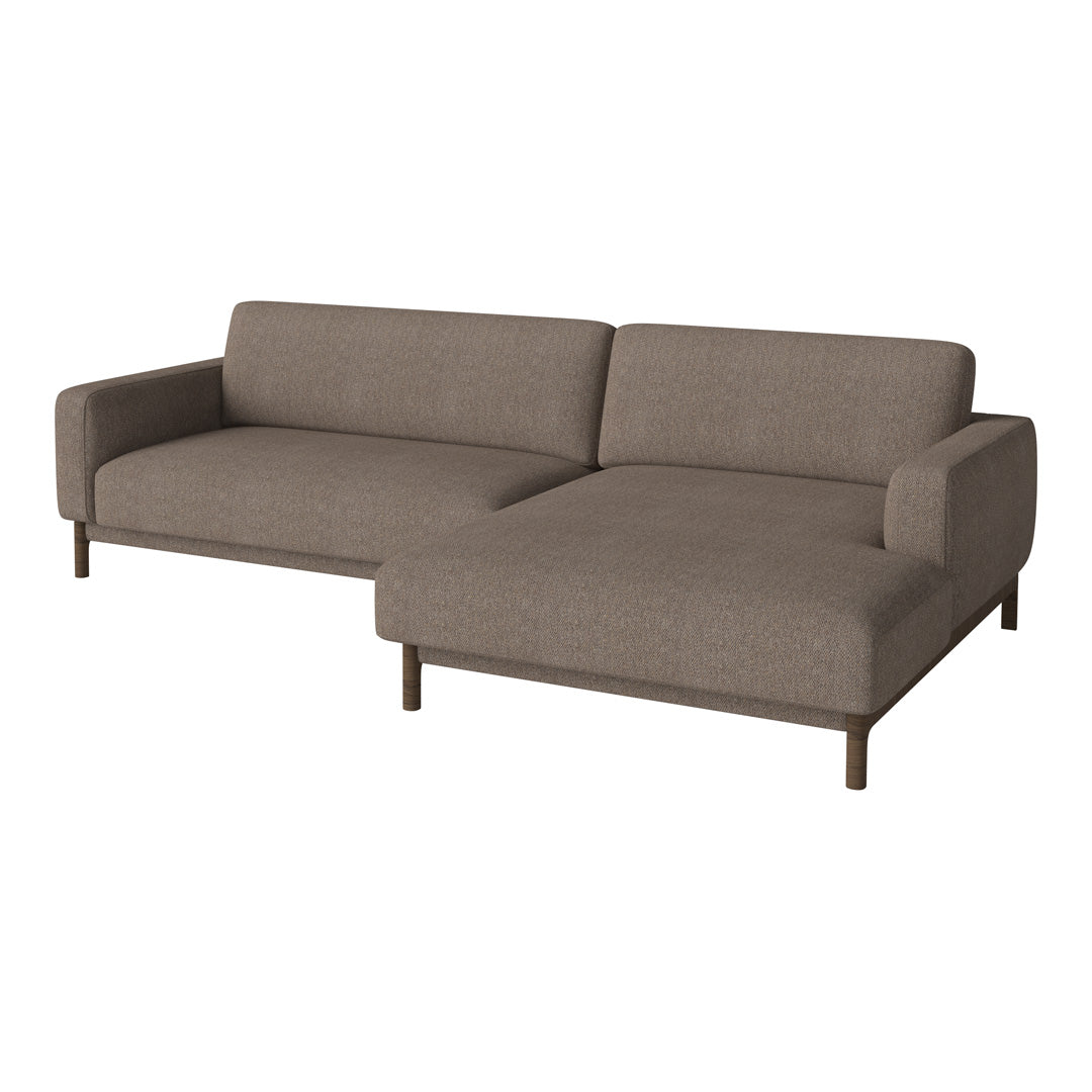 Stylish brown sectional sofa with a simple, solid fabric pattern and minimalist wooden legs. Perfect for modern decor.