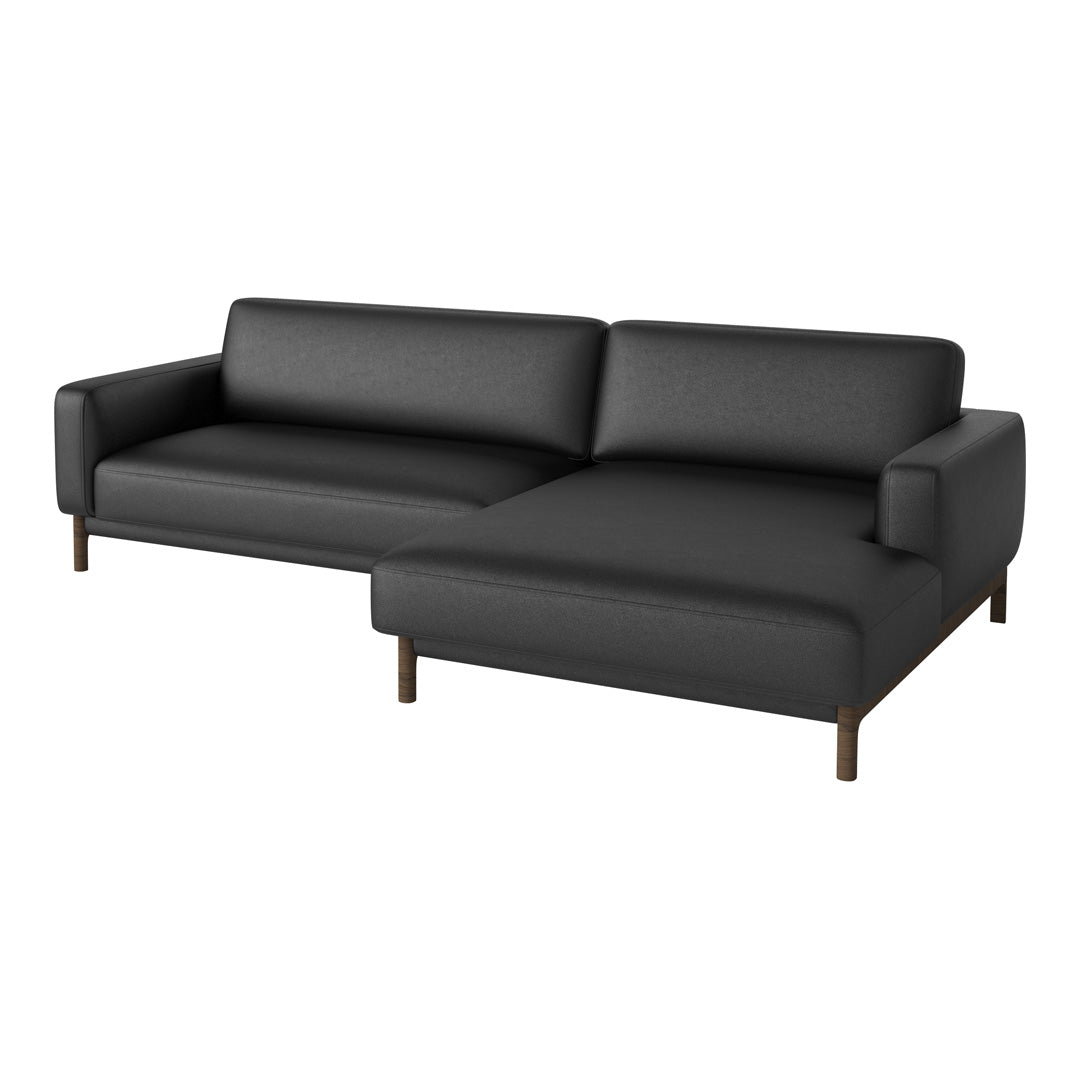 Stylish black sectional sofa with a smooth fabric finish and wooden legs, perfect for modern living spaces.