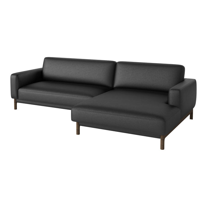 Stylish black sectional sofa with a smooth fabric finish and wooden legs, perfect for modern living spaces.