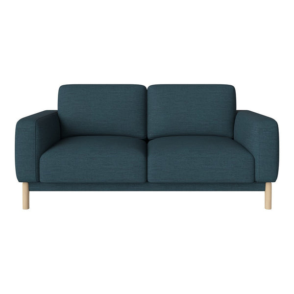 Teal upholstered sofa with a sleek, modern design and light wooden legs, featuring a textured fabric pattern.