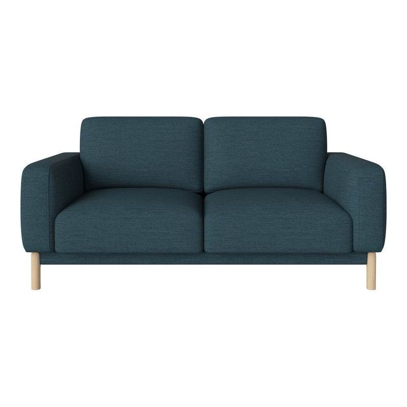Teal upholstered sofa with a sleek, modern design and light wooden legs, featuring a textured fabric pattern.